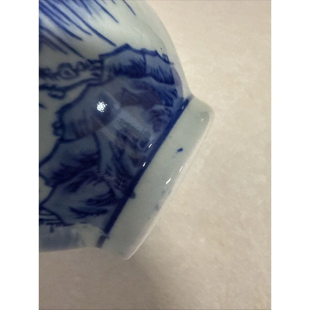 Blue & White Ceramic Landscape Vase Decorative Handles 8.25in